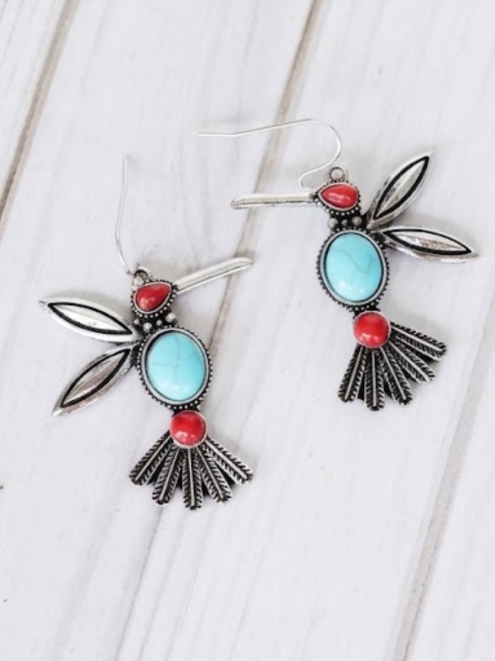 NWT Aztec Western Turquoise Red Bird Dangle Earrings Boho Cowgirl Southwestern